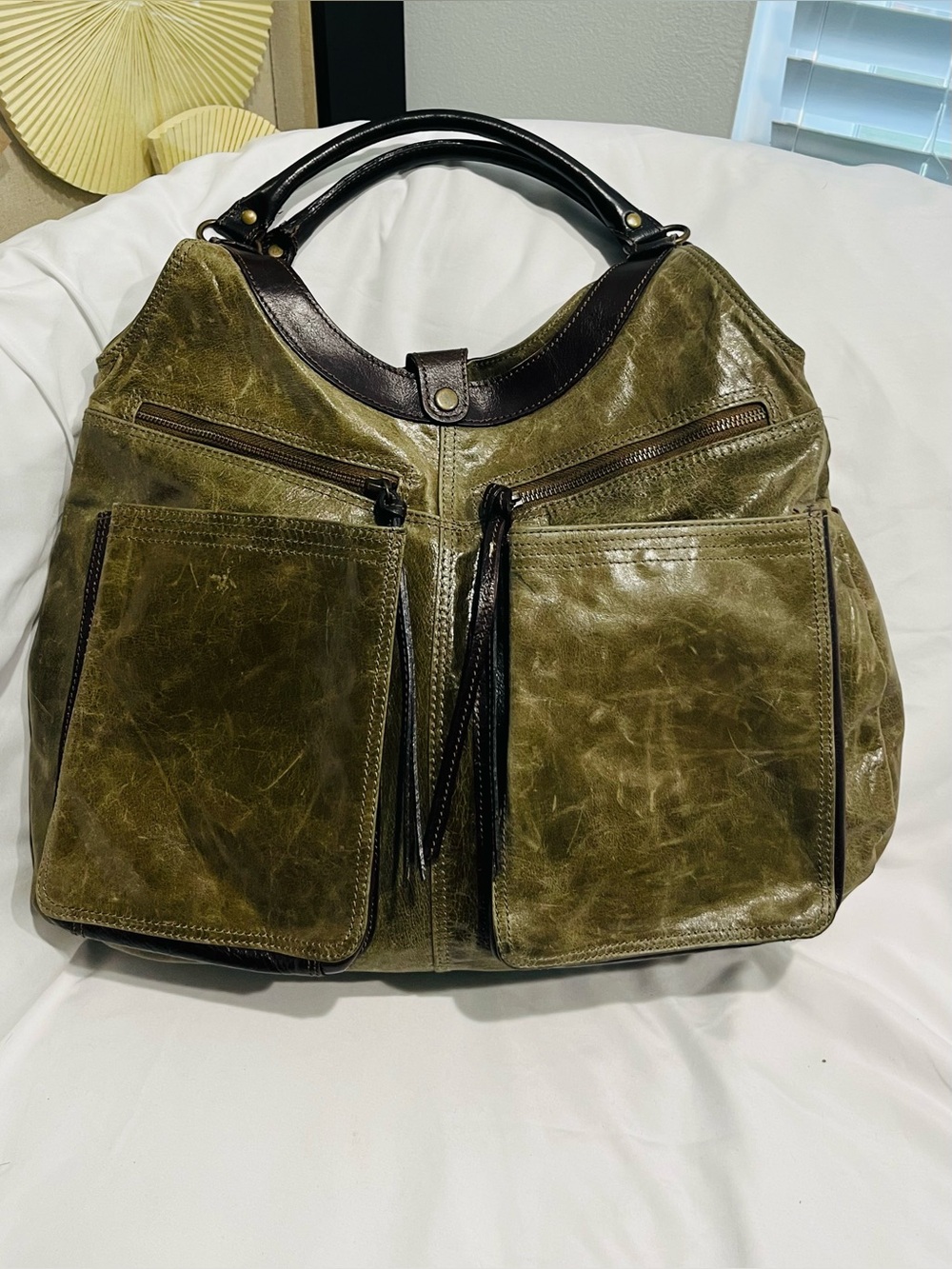 Tano Women’s Olive Green Leather Hobo Bag with Dual Front Pocket Orange Lining